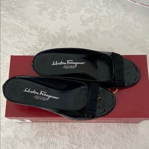Salvatore Ferragamo Black Mules with Peep-Toe and Bow